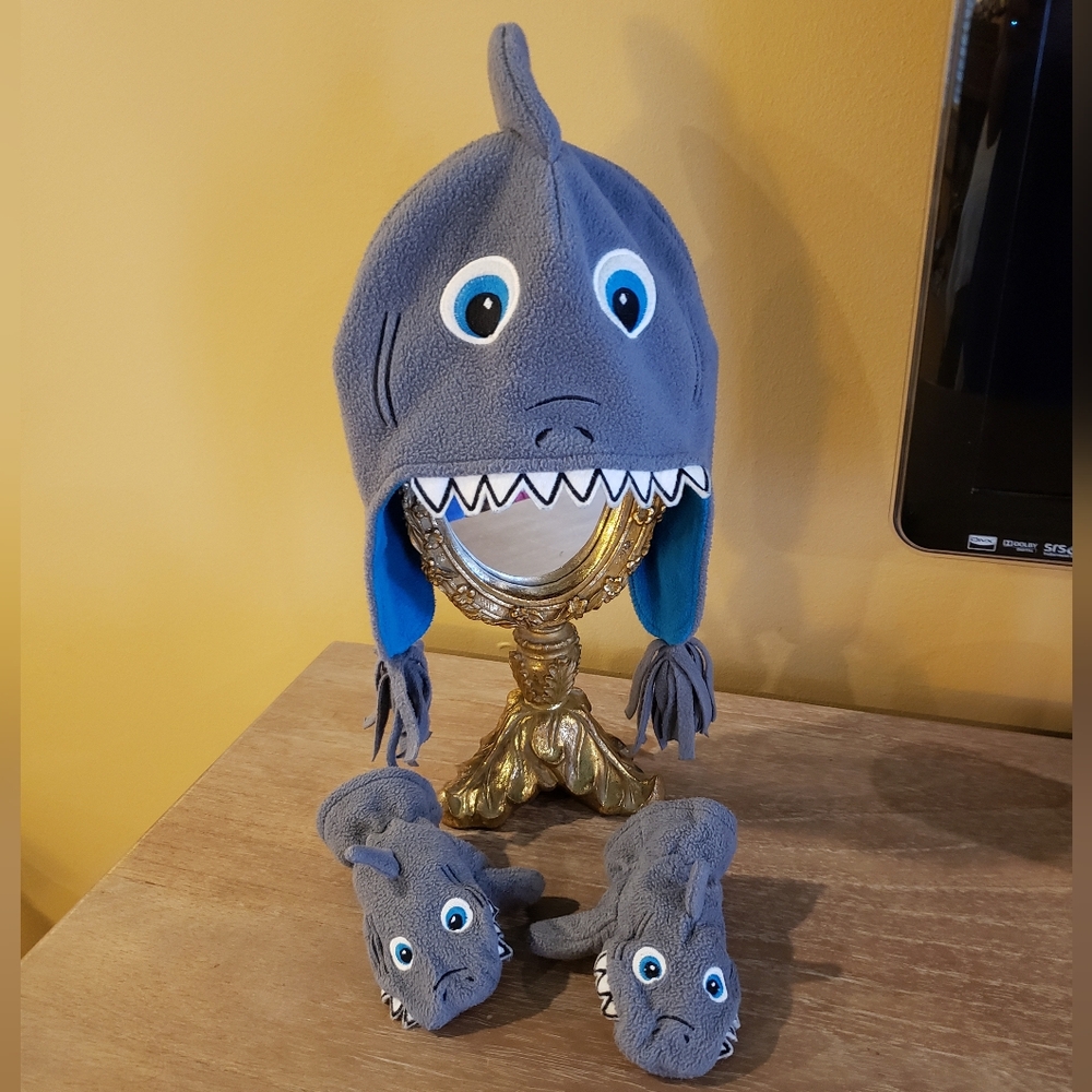 Shark Hat w/ Ear Flaps & Matching Mittens (Sz 12-24 Months)